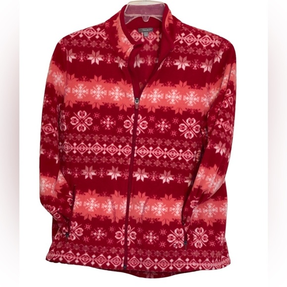 Talbots Fleece Jacket. Size large. Red Snowflake Mock Neck Zip Cozy Soft GUC - Picture 4 of 6